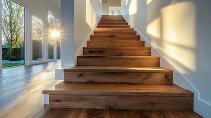 wooden staircase with polished hardwood steps and sleek white banister in a contemporary interior. perfect for luxury home background