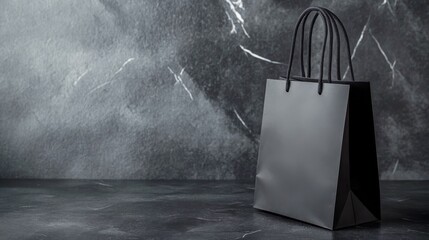 Simple black shopping bag on a dark marble surface, ideal for retail promotions and branding