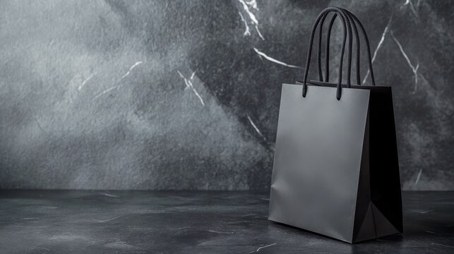 Simple black shopping bag on a dark marble surface, ideal for retail promotions and branding