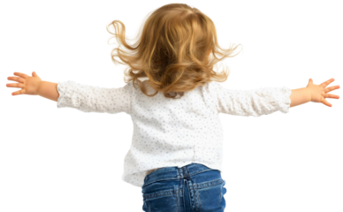 Rearview of girl with spread arms running, child freedom and happiness, toddler playing with outstretched hands, joyful kid active childhood motion, isolated little person back view