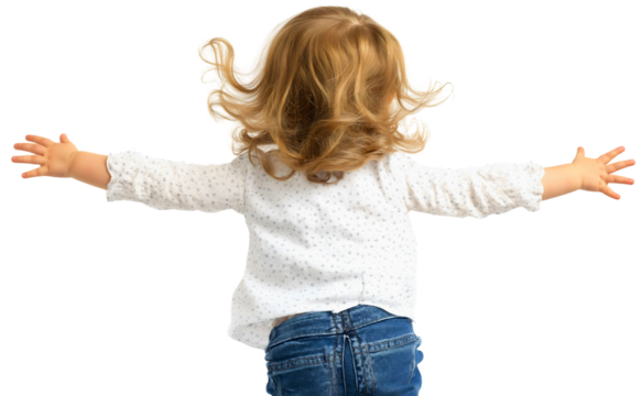 Rearview of girl with spread arms running, child freedom and happiness, toddler playing with outstretched hands, joyful kid active childhood motion, isolated little person back view