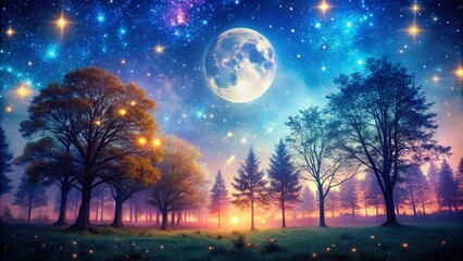 Serene Moonlit Night Over Enchanted Forest with Silhouetted Trees and Starry Sky Above