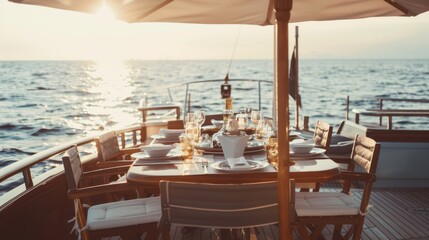 A serene sunset dinner scene on a yacht, with a beautifully set table ready for guests, overlooking a tranquil ocean.
