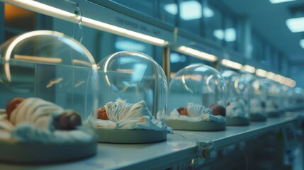 Cozy infants swaddled in white, nestled under protective glass domes, lined up in a well-lit, futuristic neonatal unit of a hospital.