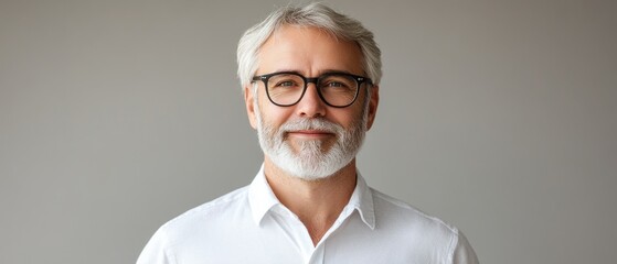 A confident man with gray hair and a beard stands against a simple background, wearing a casual white shirt and glasses