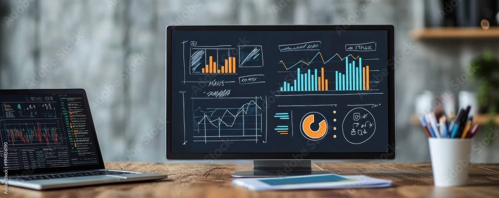 Poster digital drawing of business graphs and analytics on a chalkboard style canvas with laptops on a wood