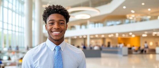 A cheerful young man stands in a sleek office space, highlighting a bright and inviting atmosphere