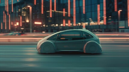 Fototapeta premium A futuristic car zooms through a vibrant, neon-lit cityscape at night, symbolizing innovation and advanced technology in urban transportation.