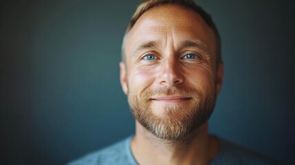 A man with a beard and bright blue eyes smiles warmly, exuding a friendly and approachable demeanor