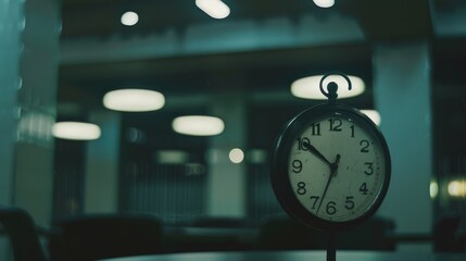 Naklejka premium A vintage table clock stands alone in a dimly lit room, capturing the essence of time and solitude with a backdrop of blurred lights.