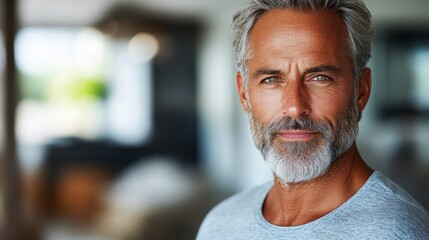 Obraz premium A mature man with gray hair and a beard gives a confident smile in a stylish indoor environment