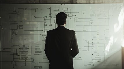 A man in a suit stands thoughtfully in front of a complex flowchart, highlighting planning, strategy, and decision-making.