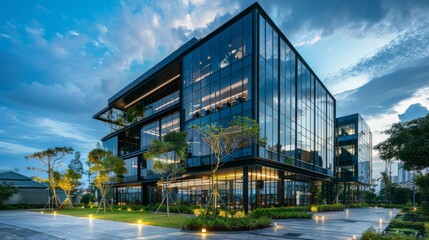 Obraz premium Modern glass building with lush landscaping, captured during a twilight moment with a dramatic sky in the background, radiating contemporary architecture.