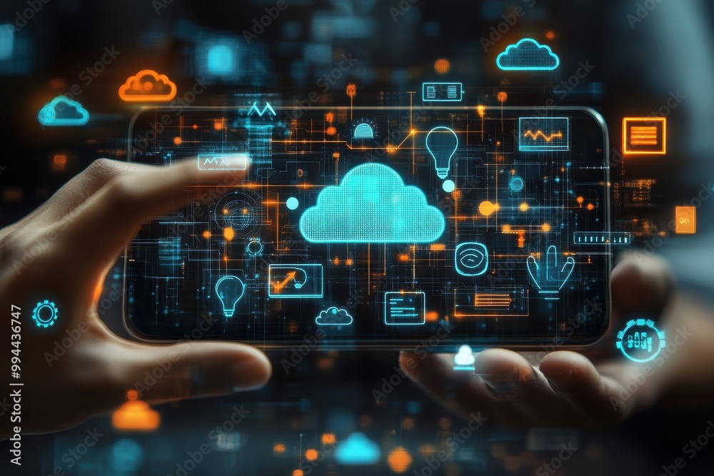Poster digital interface showcasing cloud computing and technology icons in a futuristic style