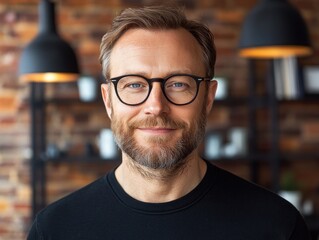 Obraz premium A smiling man with glasses and a beard stands in a stylish room, showcasing a warm and inviting atmosphere