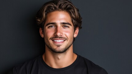 Obraz premium A young man with a friendly smile stands against a dark backdrop, radiating positivity and self-assuredness