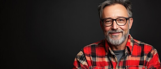 Obraz premium A man with glasses and a beard stands smiling, wearing a red and black plaid shirt in a warm atmosphere