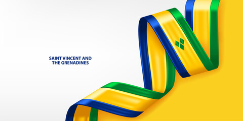 Saint Vincent and the Grenadines 3D ribbon flag. Bent waving 3D flag in colors of the Saint Vincent and the Grenadines national flag. National flag background design.