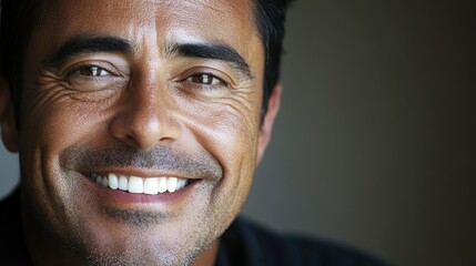 Fototapeta premium A smiling man showcases his friendly demeanor in a relaxed indoor environment