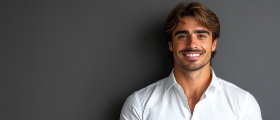 Fototapeta premium A cheerful man in a white shirt stands confidently against a sleek dark wall, sporting a genuine smile