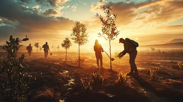 Volunteers are planting trees in a field at sunset