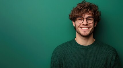 Obraz premium A young man with glasses flashes a bright smile while standing in front of a vibrant green wall, looking cheerful