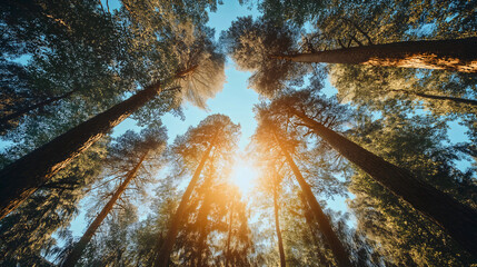Low angle view of forest trees against blue sky, looking up at tall green canopy, sunny landscape with high treetops, beautiful nature scenery from bottom perspective, lush woodland environment