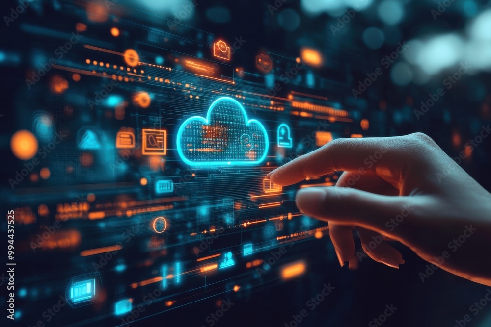 Poster hand interacting with digital graphic featuring cloud computing icons and data network in futuristic