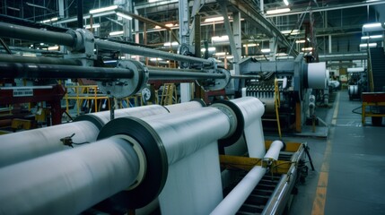 An advanced industrial printing machine busy in a factory setting, operating with precision amid a structured environment.
