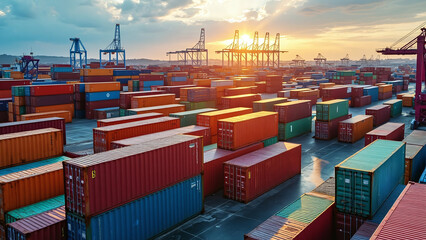 Stack of Colorful Shipping Containers at Sunset