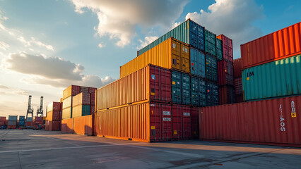 Stack of Colorful Shipping Containers at Sunset