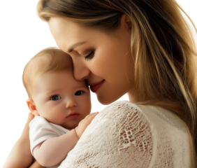 Woman holding newborn baby with love, isolated motherhood portrait, smiling young mother embracing infant child, happy family moment with cute daughter, maternity care and affection scene, mum