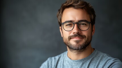 Obraz premium a man with glasses and a beard smiling for the camera with a dark background