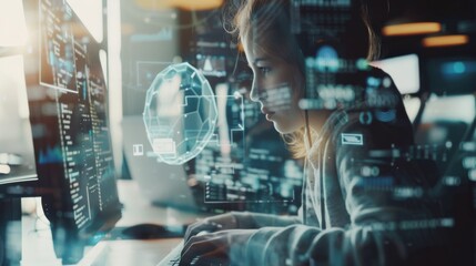 A woman intensely engaged in coding, surrounded by futuristic digital interfaces and holograms, depicting a high-tech workspace of a software developer.