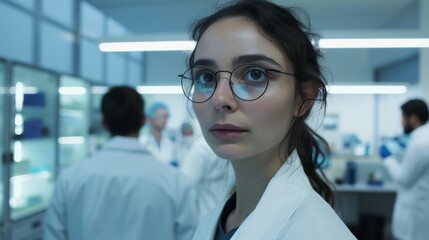 Fototapeta premium A focused woman in a white lab coat and glasses stands in a high-tech laboratory, her expression marked by determination and concentration.