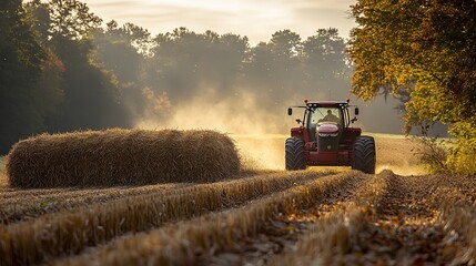 Obraz premium A red tractor is driving through a field of corn. The tractor is surrounded by a cloud of dust, indicating that it is in the process of harvesting the corn. The scene is peaceful and serene