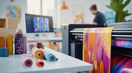 A sleek vinyl printer hums, surrounded by colorful rolls, sparking creativity and innovation.