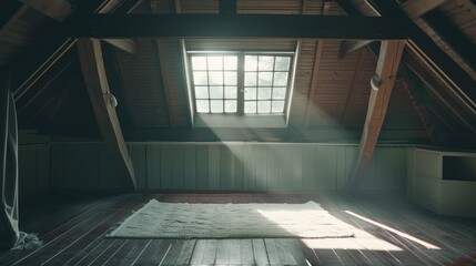 Obraz premium Soft sunlight filters through a window into an attic, illuminating the wooden floor and a cozy rug, creating a peaceful, serene ambiance.