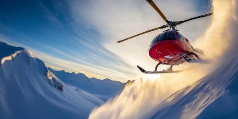 Obraz premium A dynamic helicopter flies through a stunning snowy landscape. The scene captures the thrill of adventure and exploration. Perfect for travel and outdoor photography. AI