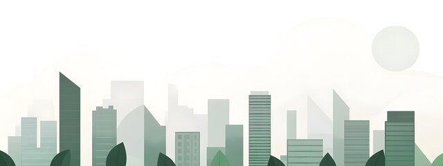 Fototapeta premium A flat illustration of an urban skyline made up entirely of green buildings, set against the backdrop of a pale sky with large white circles