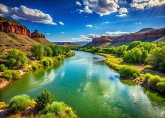 Fototapeta premium Serene San Juan River Flowing Through Lush Green Landscapes Under Clear Blue Sky in Nature's Embrace