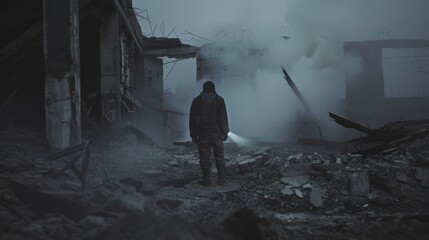 Amid a mist-filled, crumbling building, a lone figure with a flashlight illuminates their solitary path forward.