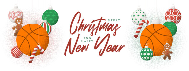 basketball Christmas Greeting grainy card. Merry Christmas and happy new year sport retro greeting card. Hang on a thread xmas ball bauble