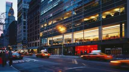 Obraz premium A bustling city street at dusk with blurred taxis zooming by and a modern glass building illuminated against the twilight sky.