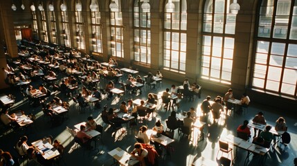 Obraz premium A spacious, sunlit hall bustling with students engaged in focused studying and discussions, the warm ambiance emphasizing the importance of learning.