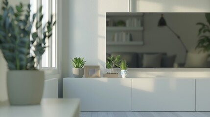 Fototapeta premium A bright, airy living room with a large TV, green plants, and minimalist decor invites natural light to create a serene and refreshing environment.