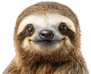 Isolated funny sloth face with brown fur, happy and cute tropical wildlife animal, smiling lazy rainforest mammal, adorable exotic slow pet portrait on transparent background, jungle creature