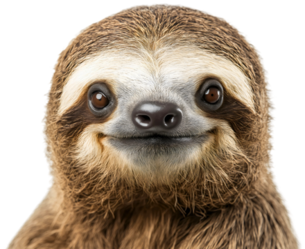 Isolated funny sloth face with brown fur, happy and cute tropical wildlife animal, smiling lazy rainforest mammal, adorable exotic slow pet portrait on transparent background, jungle creature