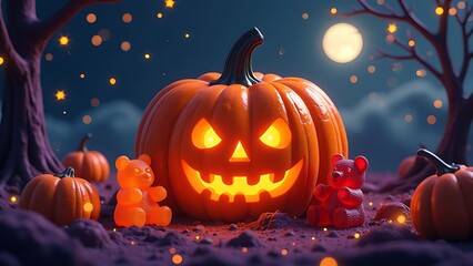 Fototapeta premium halloween pumpkin on halloween. Giant pumpkin made of candy being carved by spooky gummy bears, under a sky filled with candy stars