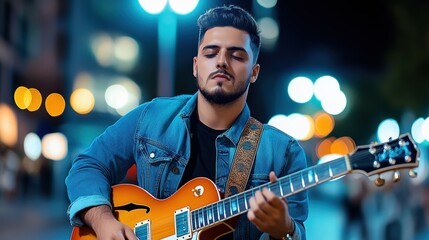 Obraz premium Young Musician Playing Guitar in Night City Lights